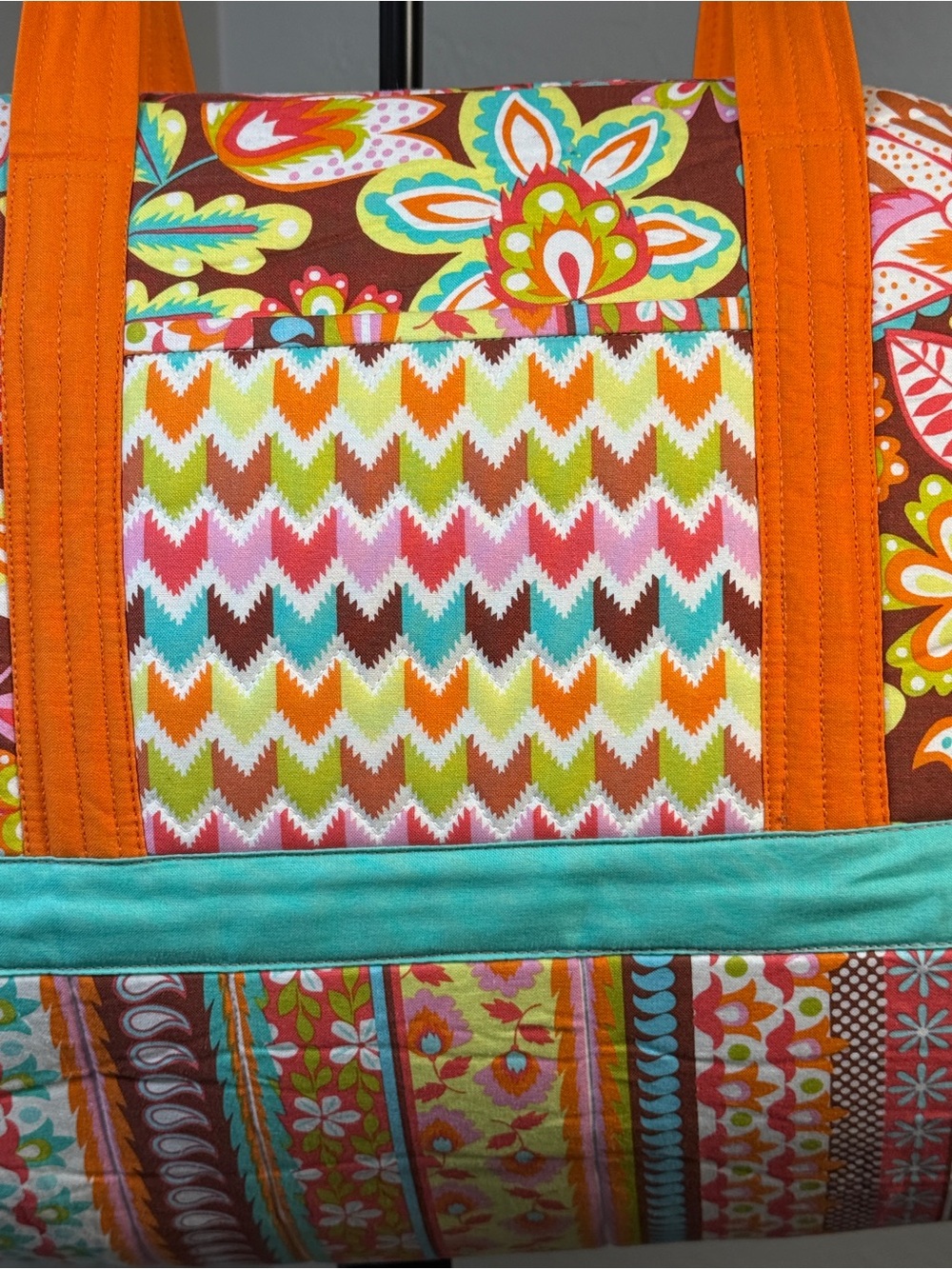 Handmade Quilted Weekender Duffel Bag Floral Boho Travel Tote Orange Aqua - Picture 2 of 8